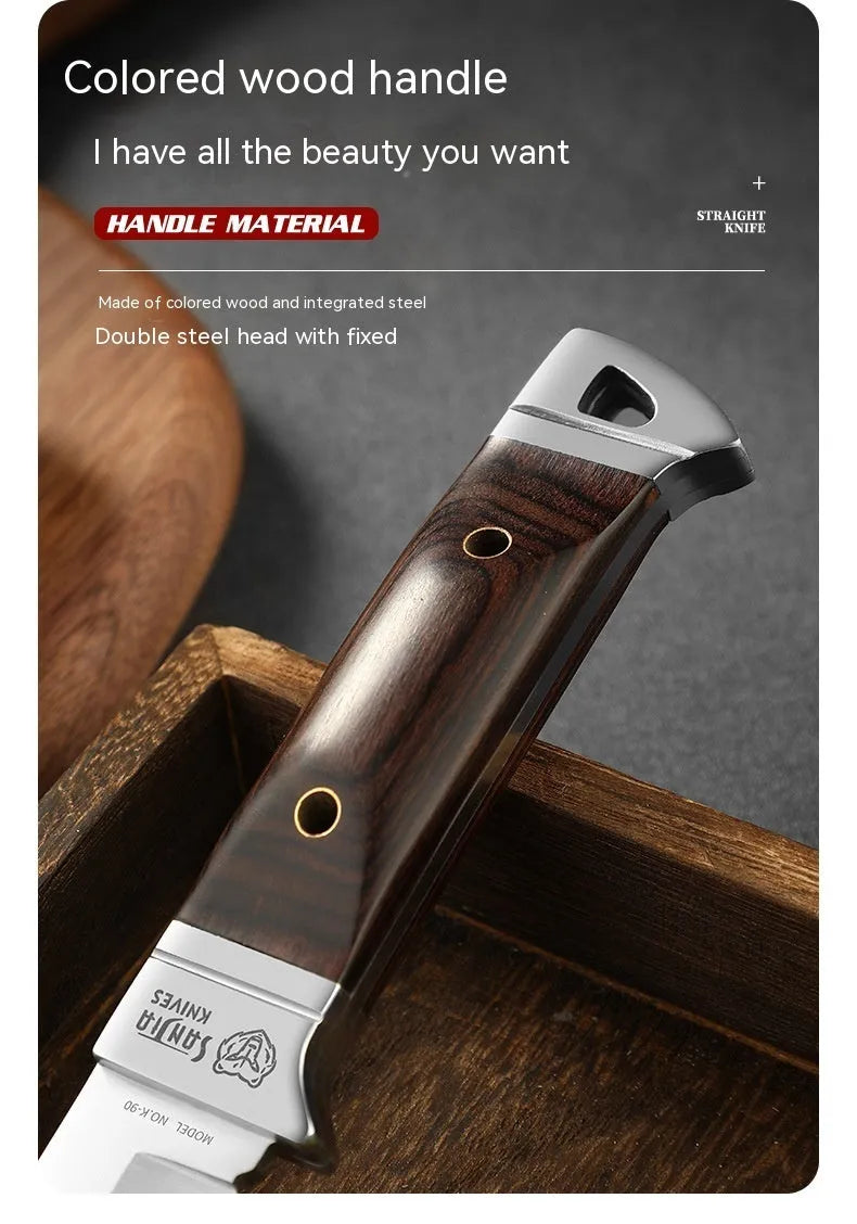Camping portable fruit knife with stainless steel blade and leather sheath in national style design
