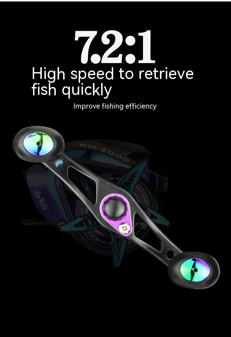 BM2000 model fishing reel with magnetic brake system shown in left-hand and right-hand versions.