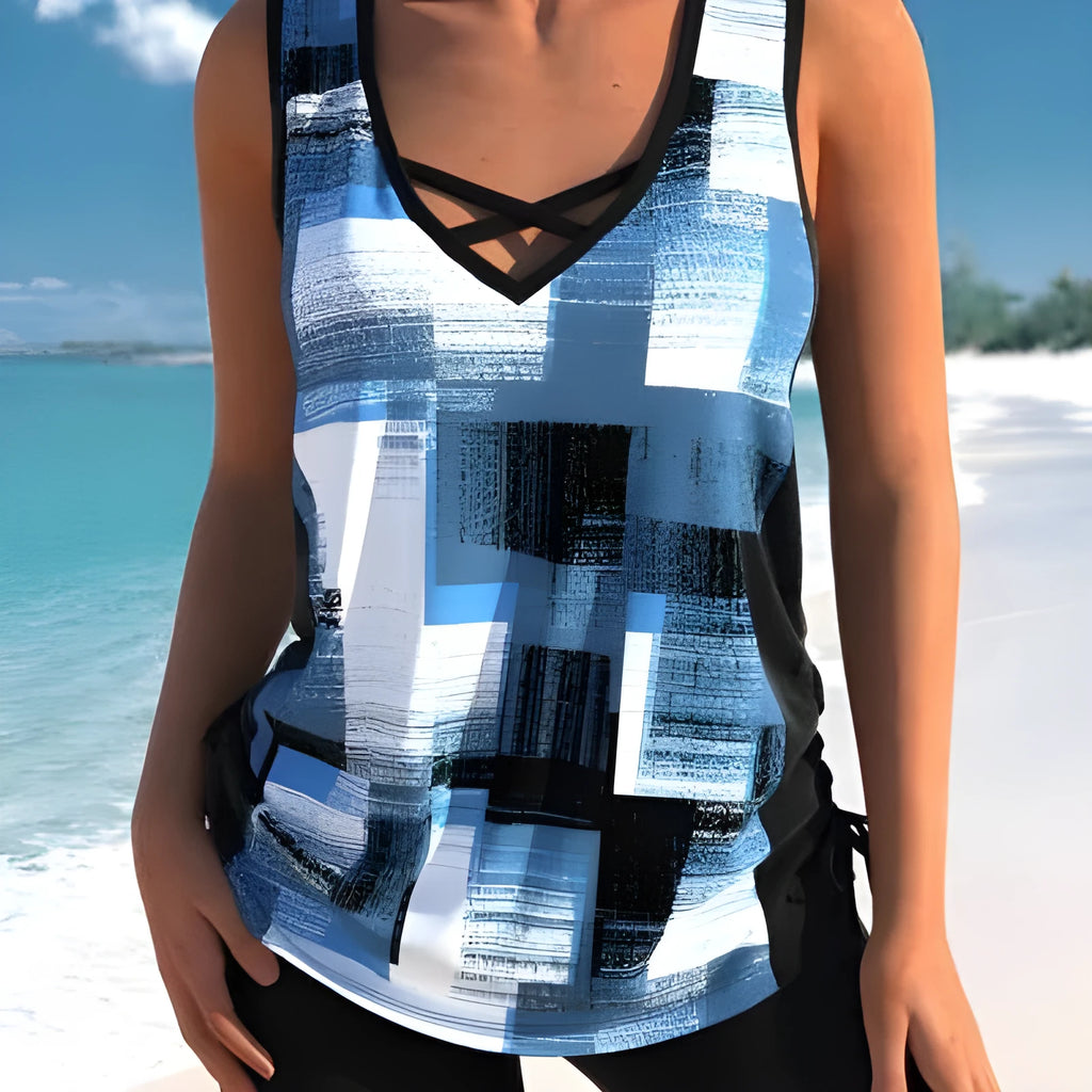 Women's two-piece swimsuit set with a top and split boxer shorts in a printed or solid colour.