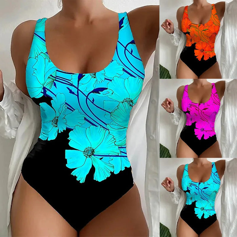 Women's tight one-piece swimsuit with 3D printed pattern in orange red, blue, or purple.