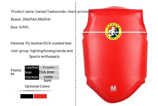 Red boxing helmet and chest protector set for martial arts training and competition