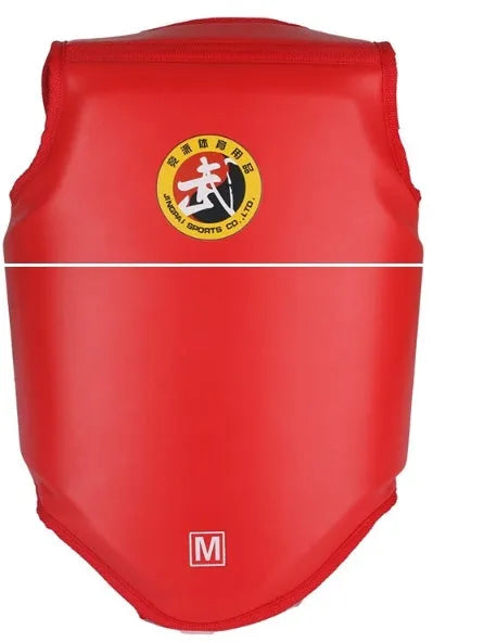 Red boxing helmet and chest protector set for martial arts training and competition