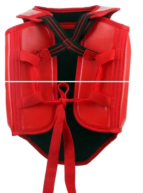 Red boxing helmet and chest protector set for martial arts training and competition