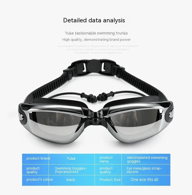 Men's black swimming set with trunks, anti-fog goggles, waterproof cap, ear plugs with nose clip, and carry bag