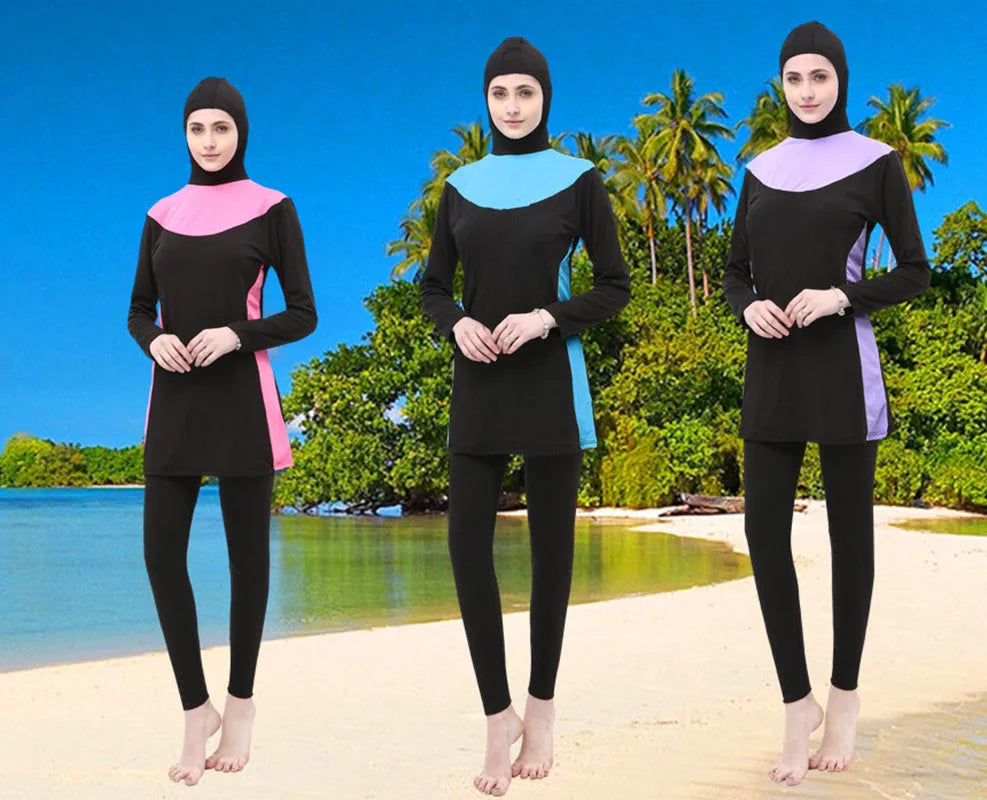 Women's long sleeve hooded swimsuit in black with colour accents for conservative swimming