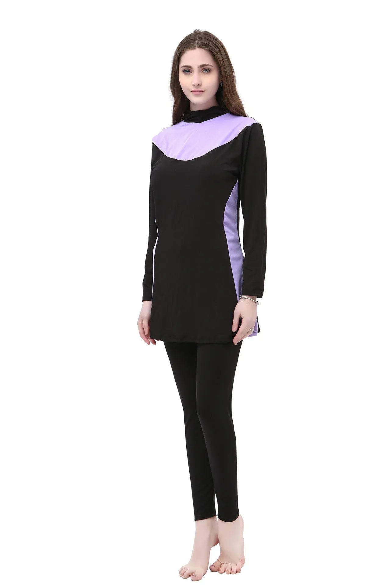 Women's long sleeve hooded swimsuit in black with colour accents for conservative swimming