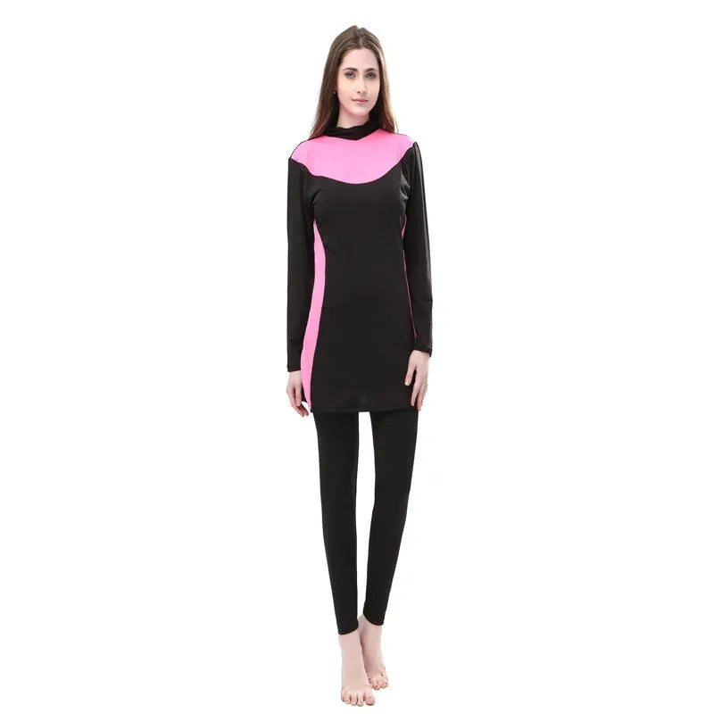 Women's long sleeve hooded swimsuit in black with colour accents for conservative swimming