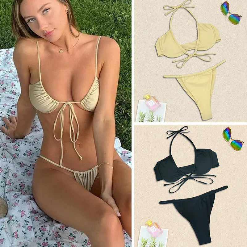 Women's black and mint green nylon bikini swimsuit set, sizes S to XL.