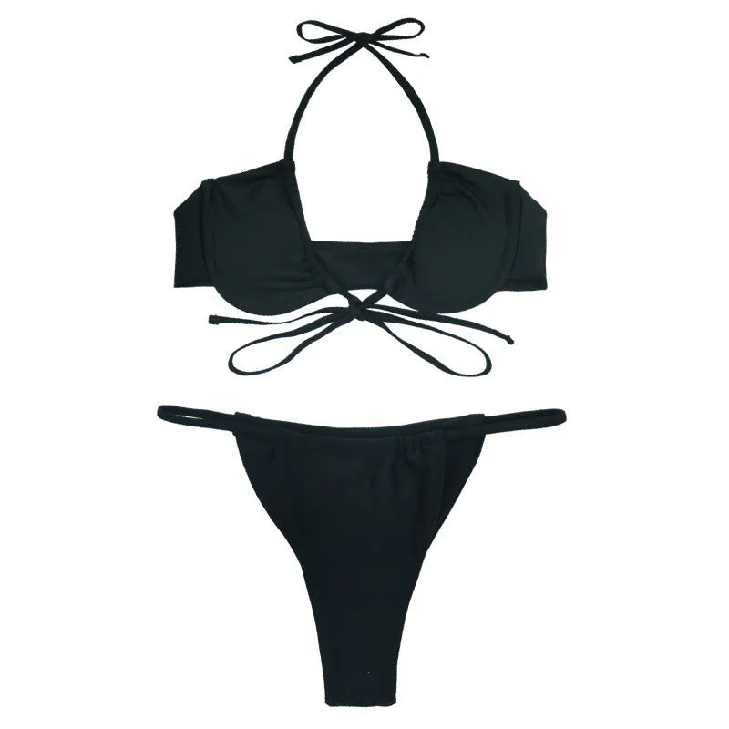 Women's black and mint green nylon bikini swimsuit set, sizes S to XL.