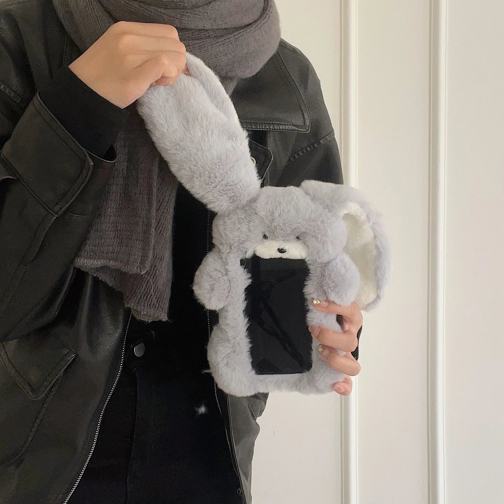Plush long-eared rabbit phone case for iPhone, rabbit colour, soft fabric cover