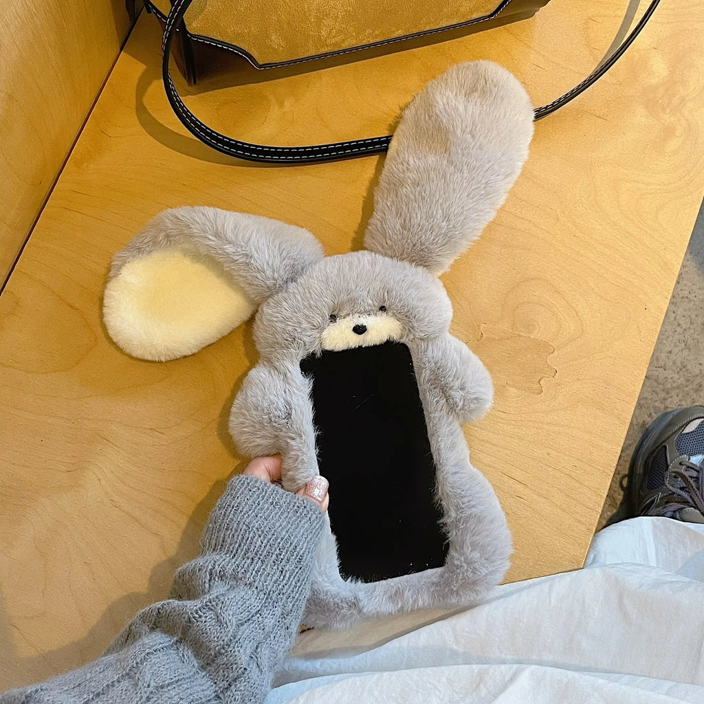 Plush long-eared rabbit phone case for iPhone, rabbit colour, soft fabric cover