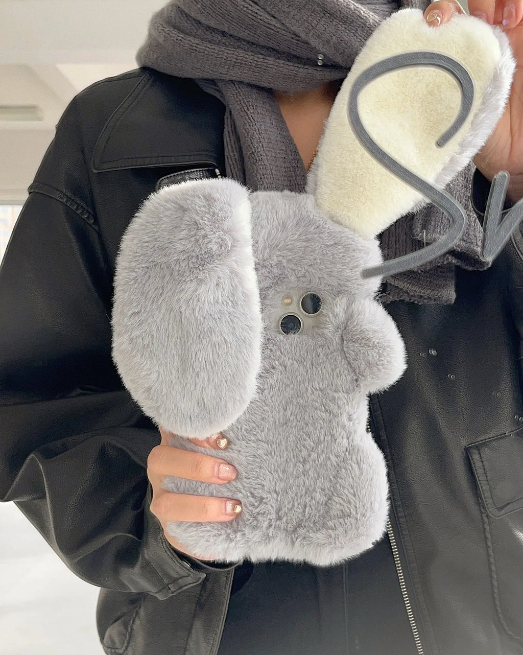 Plush long-eared rabbit phone case for iPhone, rabbit colour, soft fabric cover