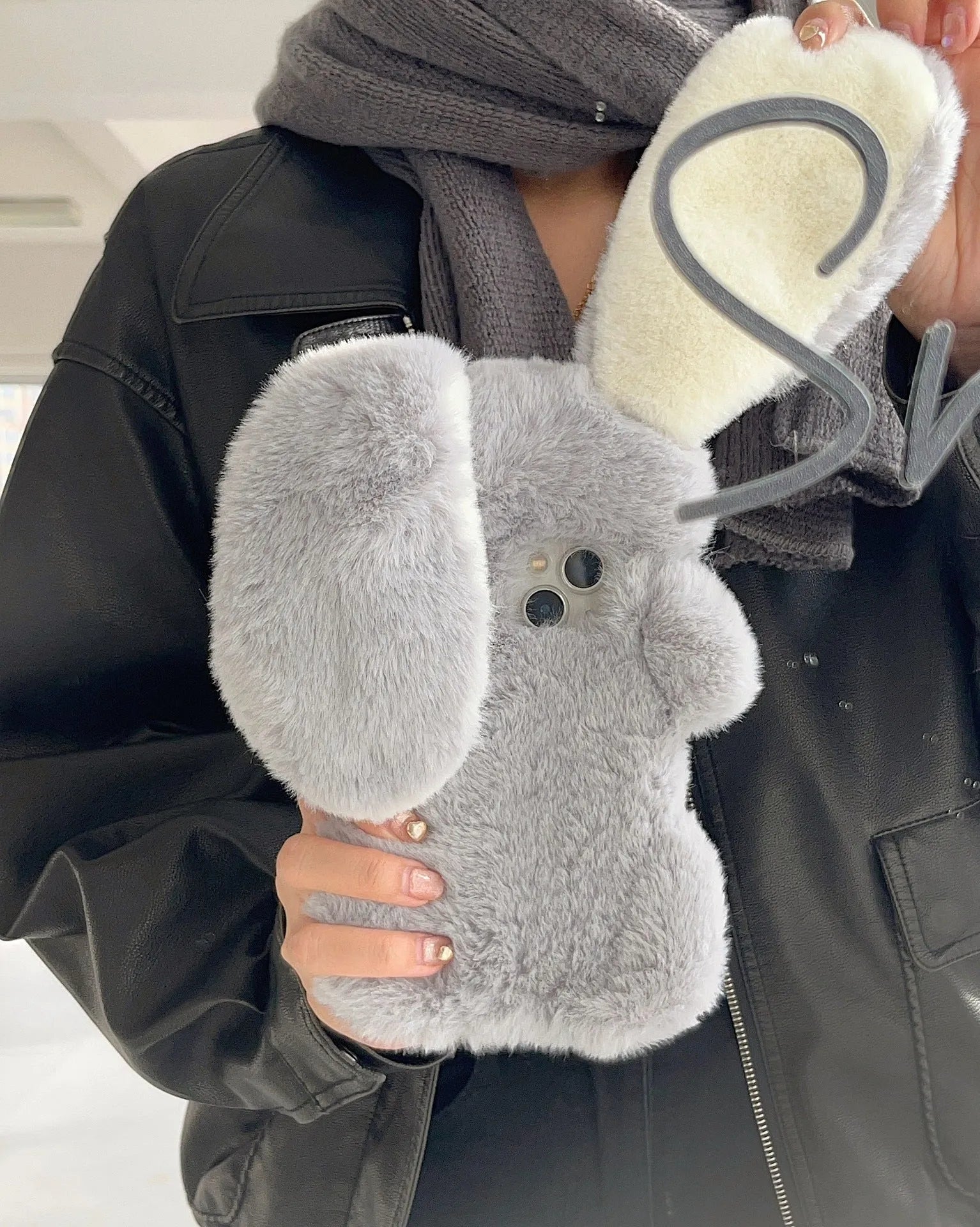 Plush long-eared rabbit phone case for iPhone, rabbit colour, soft fabric cover