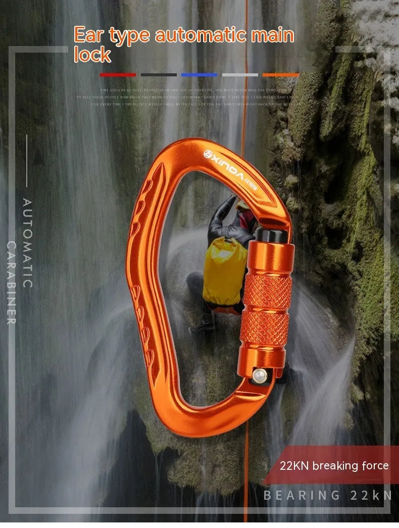 Automatic master lock climbing carabiner in five colour options: black, blue, orange, red, silver