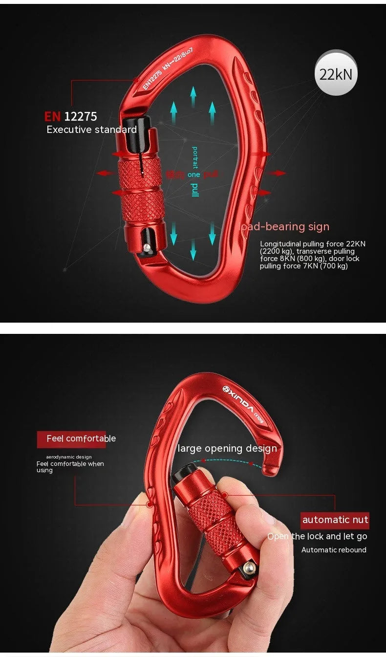 Automatic master lock climbing carabiner in five colour options: black, blue, orange, red, silver