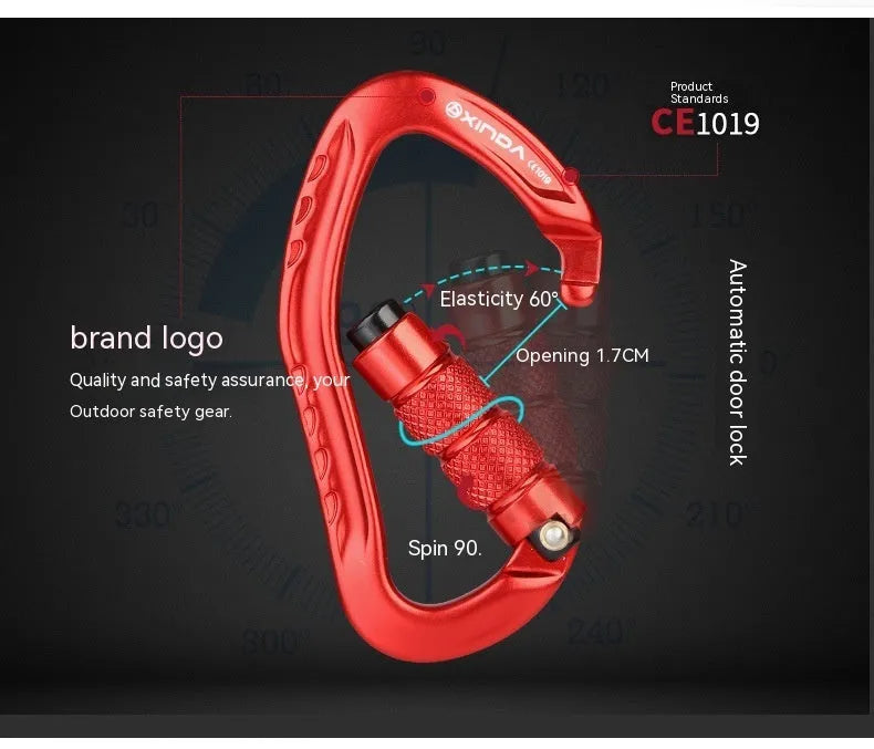 Automatic master lock climbing carabiner in five colour options: black, blue, orange, red, silver