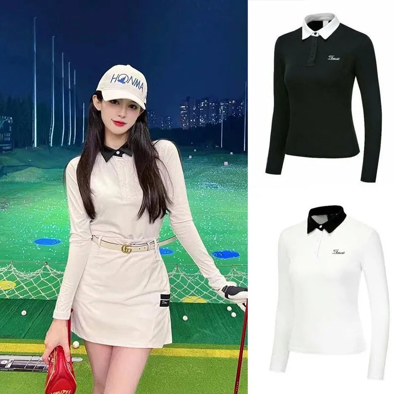 Women's white long sleeve slim fit golf top with polyester athletic fabric