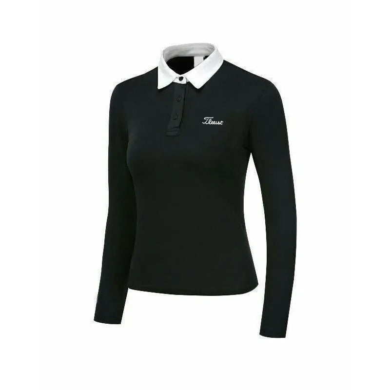 Women's white long sleeve slim fit golf top with polyester athletic fabric