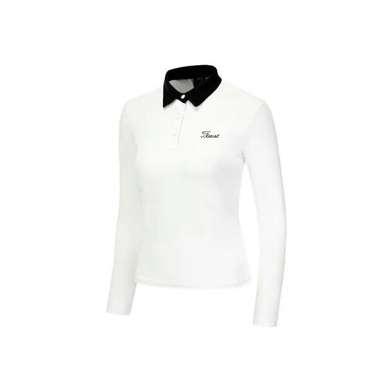 Women's white long sleeve slim fit golf top with polyester athletic fabric