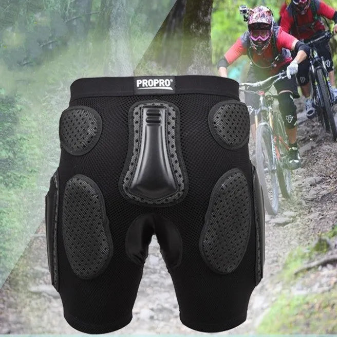 Black cycling hip pad protection pants with gel padding for sports safety