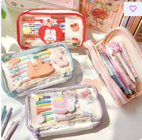 Japanese transparent heart-shaped pen bag with rabbit designs in red love rabbit and pink cake rabbit patterns
