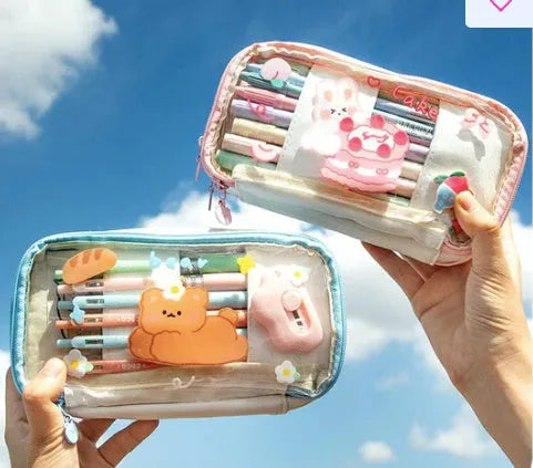 Japanese transparent heart-shaped pen bag with rabbit designs in red love rabbit and pink cake rabbit patterns