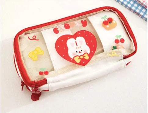 Japanese transparent heart-shaped pen bag with rabbit designs in red love rabbit and pink cake rabbit patterns