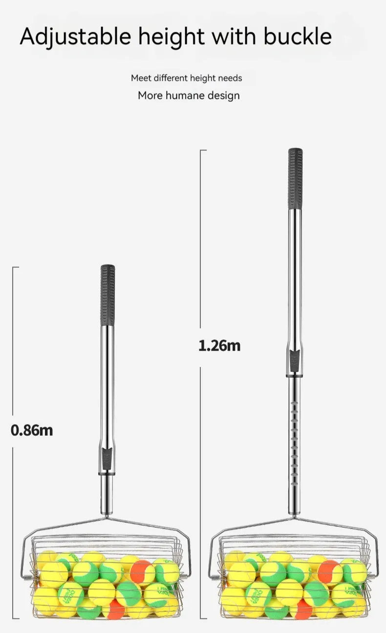Stainless steel adjustable roller tennis ball picker on a court surface.