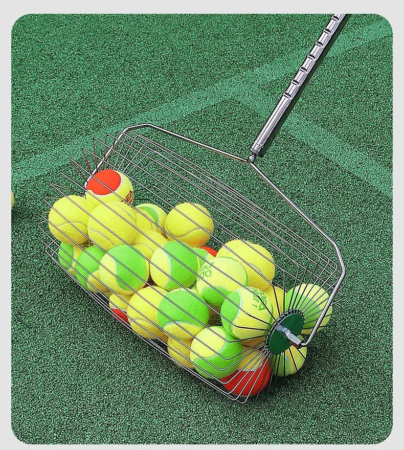 Stainless steel adjustable roller tennis ball picker on a court surface.