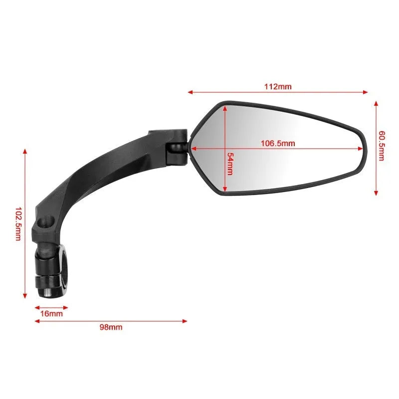 Black acrylic bicycle rearview mirror with rotatable adjustment mechanism mounted on handlebars