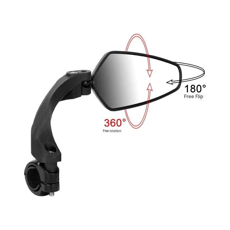 Black acrylic bicycle rearview mirror with rotatable adjustment mechanism mounted on handlebars