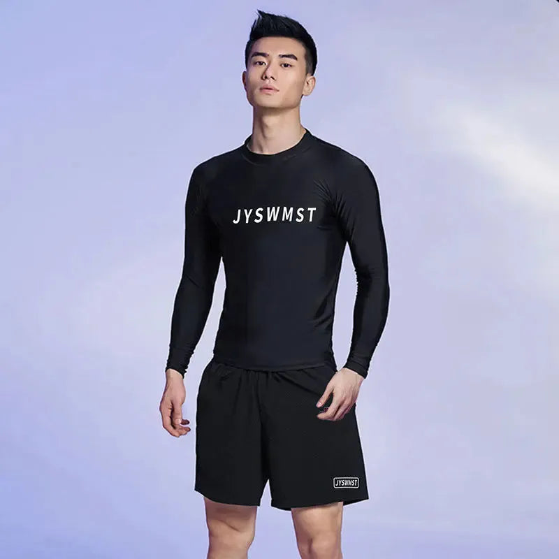 Men's patterned polyester swimsuit set on a mannequin, showing the top and trousers.