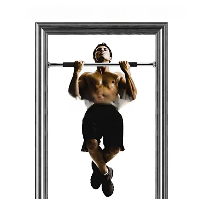 Adjustable steel pull-up bar extended across doorway showing parallel grip positions