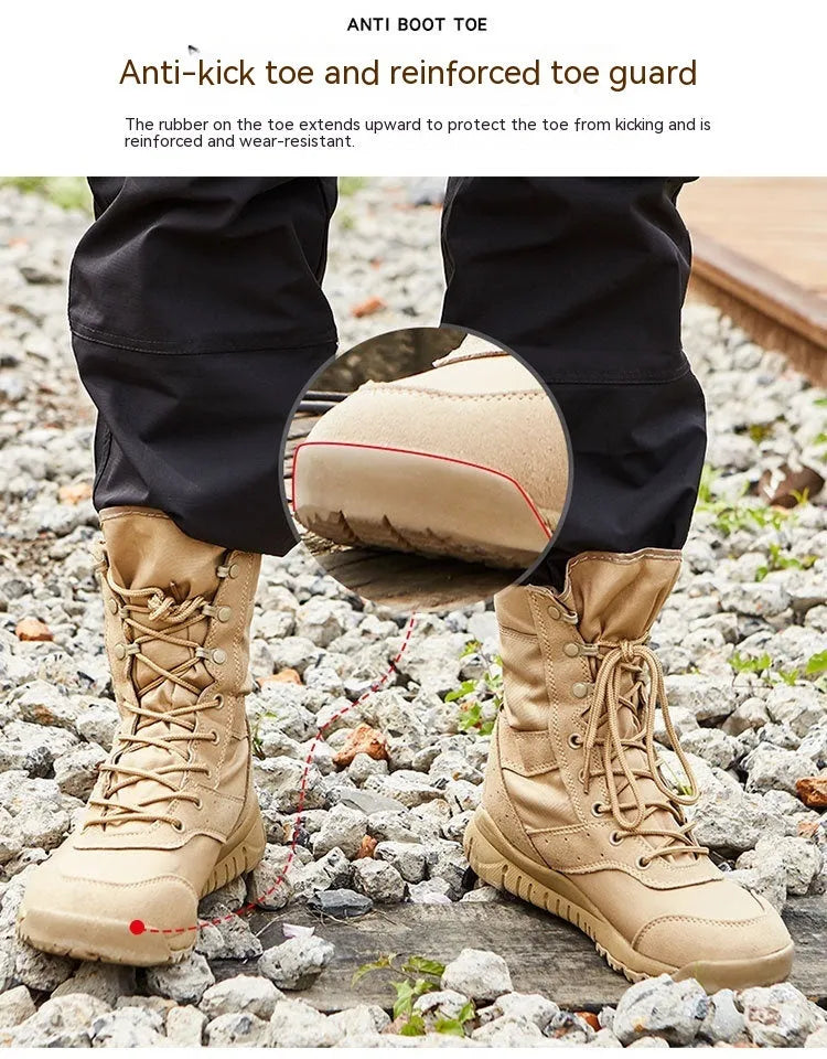 Yulong Combat Boots in black and sand colours, shown as unisex outdoor climbing and tactical desert footwear.