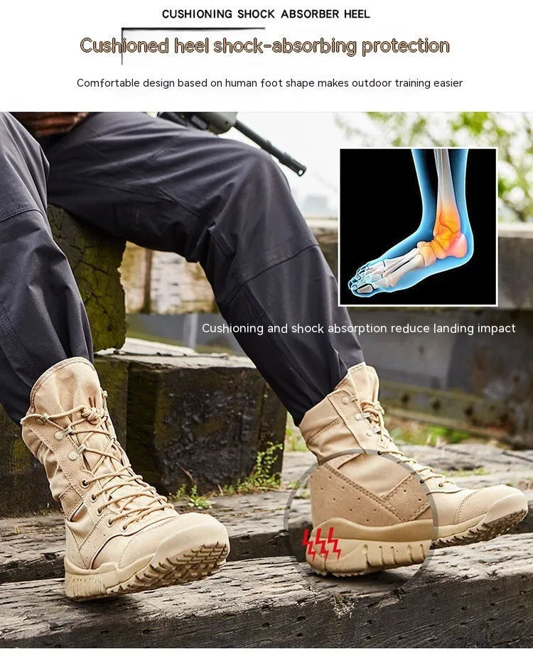 Yulong Combat Boots in black and sand colours, shown as unisex outdoor climbing and tactical desert footwear.