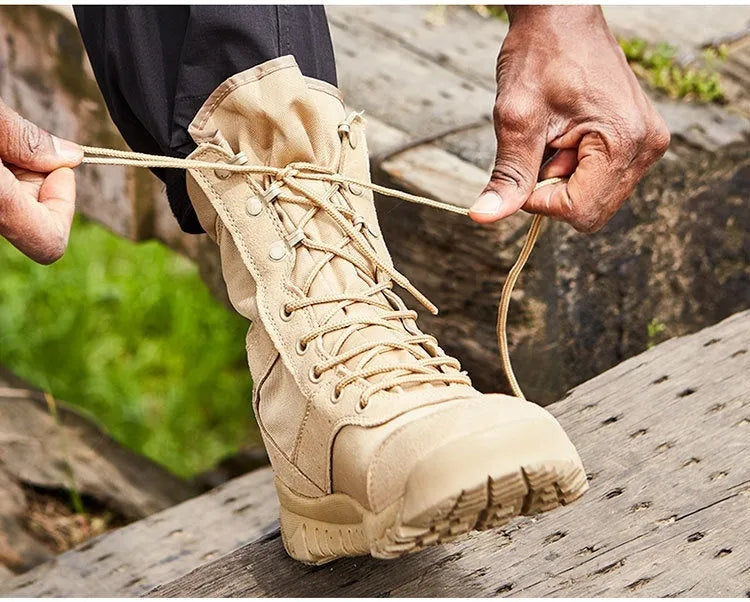 Yulong Combat Boots in black and sand colours, shown as unisex outdoor climbing and tactical desert footwear.