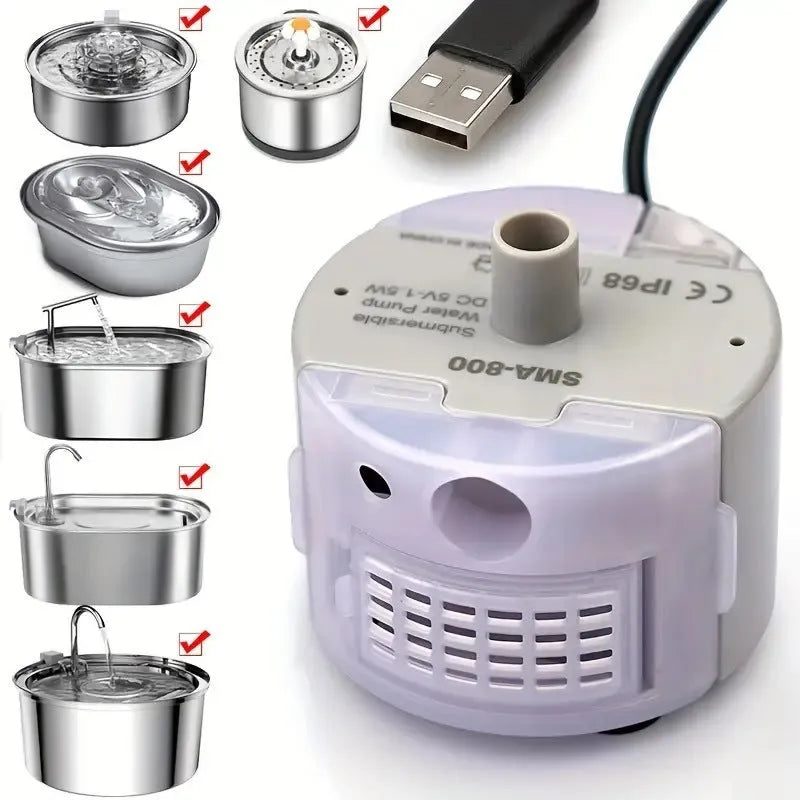 Cylindrical plastic water pump with three cleaning brushes for pet dispensers