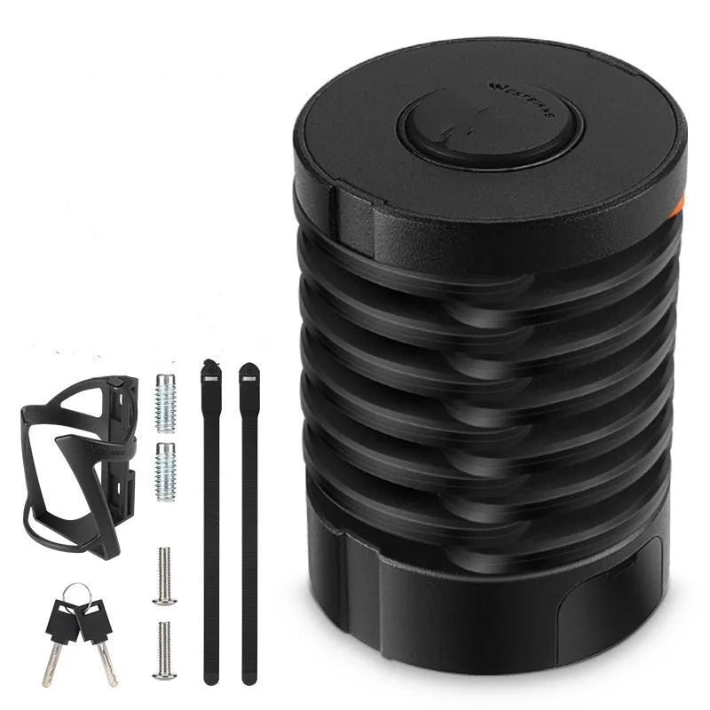 Portable black and black orange bicycle folding lock on a white background.