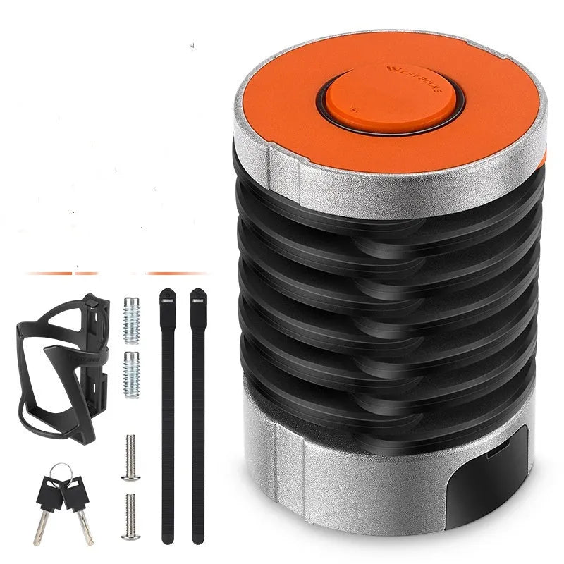 Portable black and black orange bicycle folding lock on a white background.