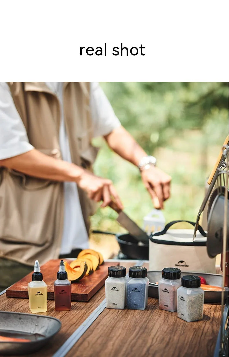 Naturehike six-piece portable plastic seasoning bottle set for outdoor picnics and camping.