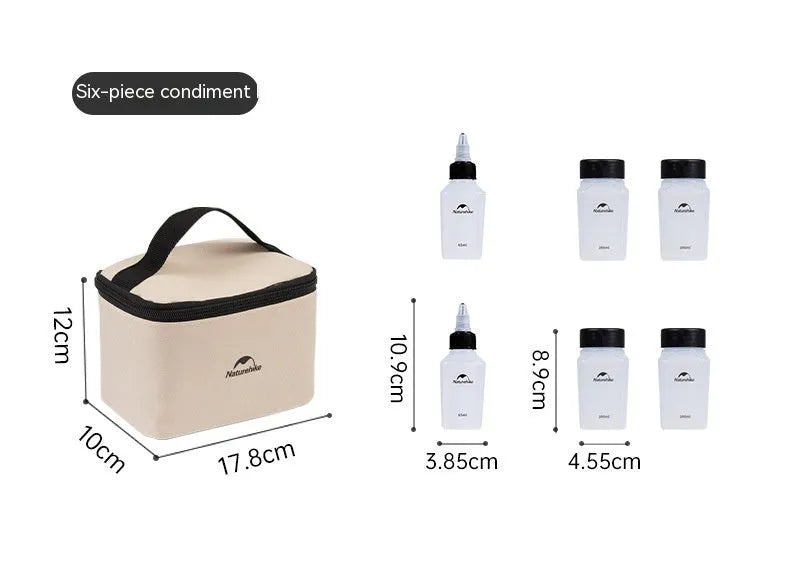 Naturehike six-piece portable plastic seasoning bottle set for outdoor picnics and camping.