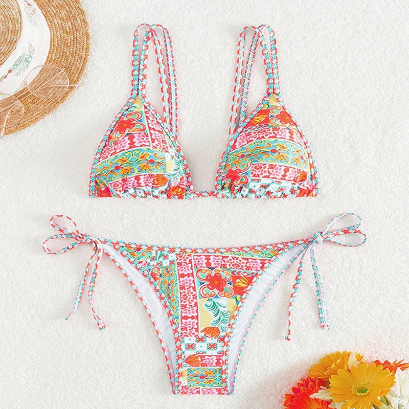 Women's lace-up split swimsuit with backless design and high-cut briefs in picture colour