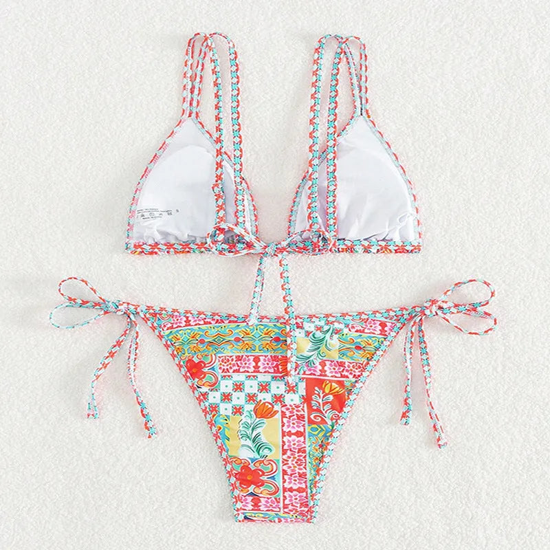 Women's lace-up split swimsuit with backless design and high-cut briefs in picture colour