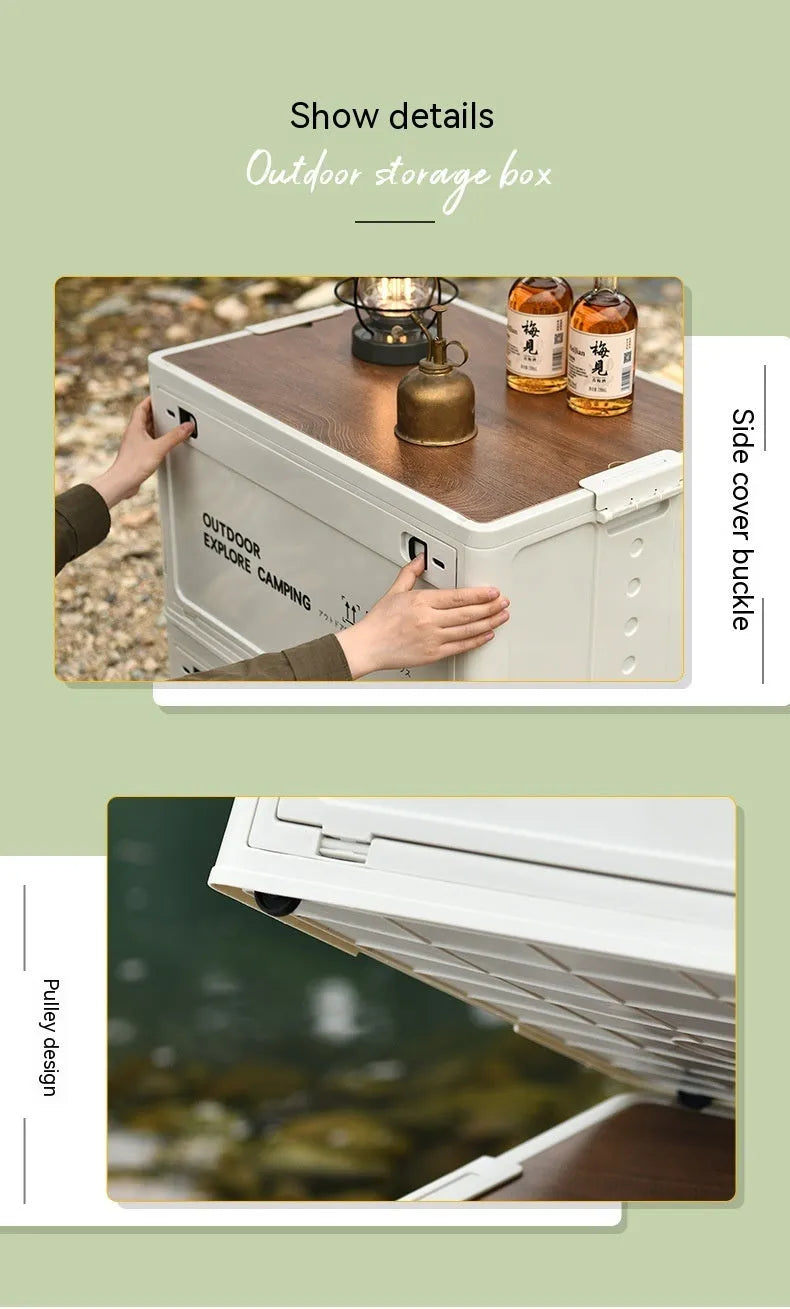 Large plastic storage box with wooden lid in ivory white colour showing 45L capacity dimensions