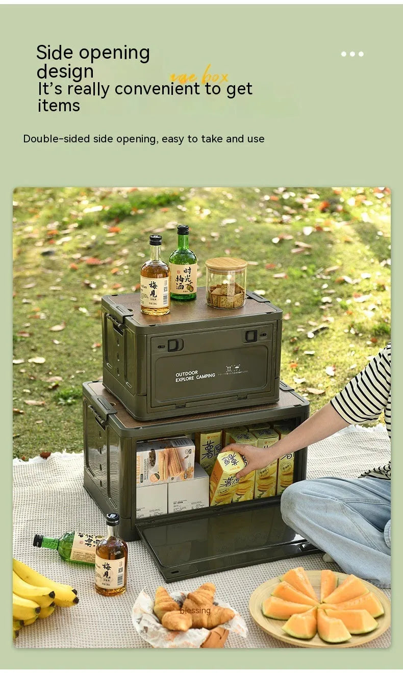 Large plastic storage box with wooden lid in ivory white colour showing 45L capacity dimensions