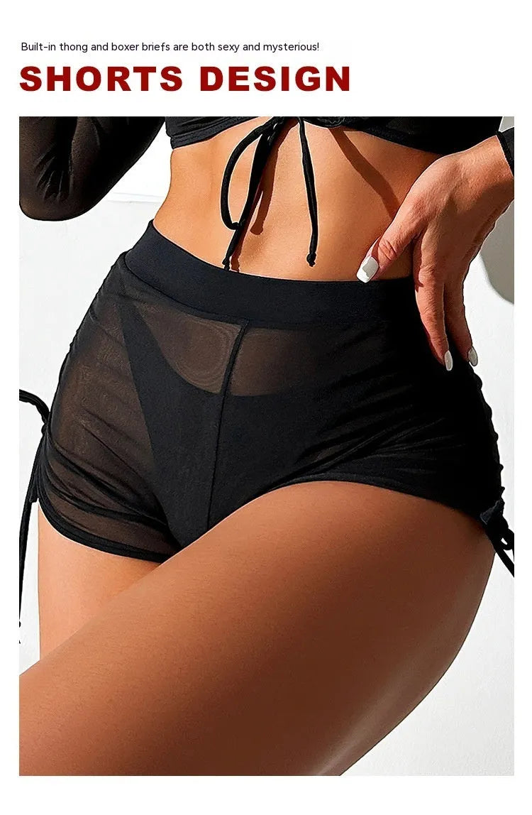 Black mesh women's bikini four-piece swimsuit with long sleeves and briefs style
