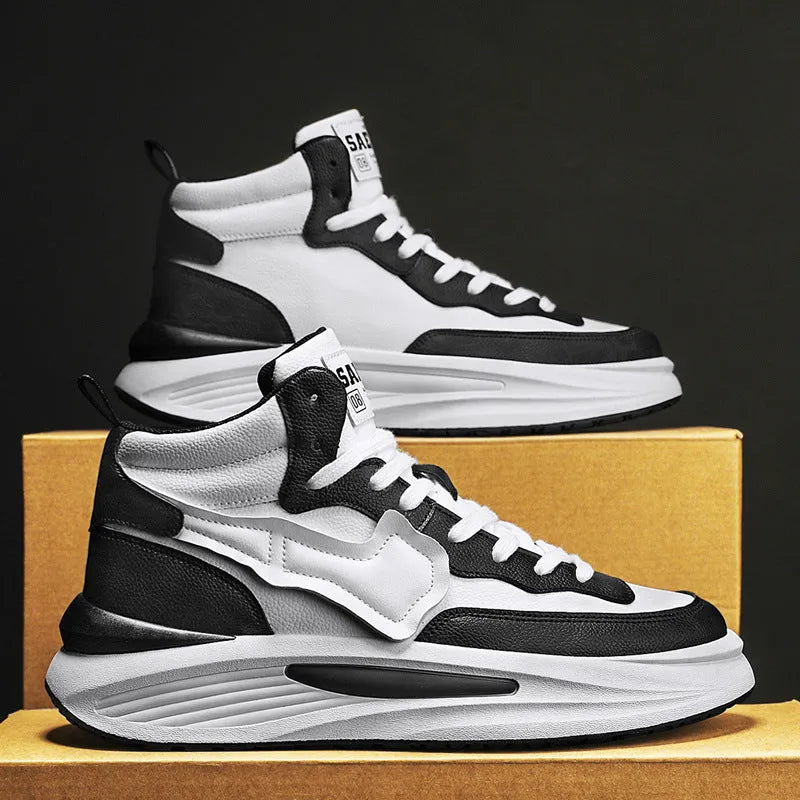Men's black and white platform high-top casual board shoes with round toe and PU upper
