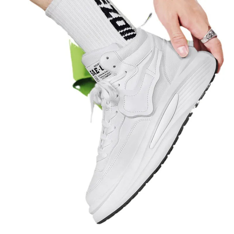 Men's black and white platform high-top casual board shoes with round toe and PU upper