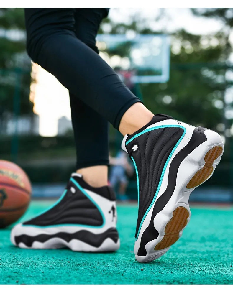High-top basketball shoes with thick rubber sole and mesh upper in white red colourway
