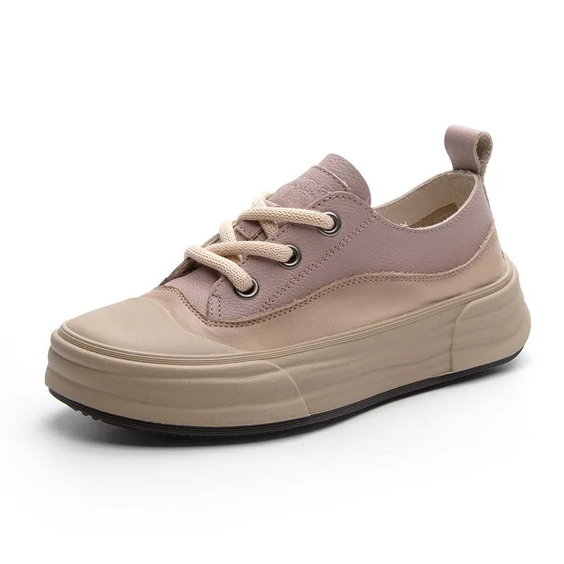 Women's matcha green leather platform sneakers with round toe and lace-up front